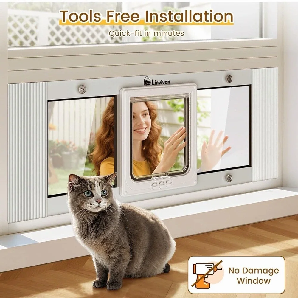 Linvivon Cat Window Door Insert Adjustable 31-36in Magnetic 4 Lock Modes NOB